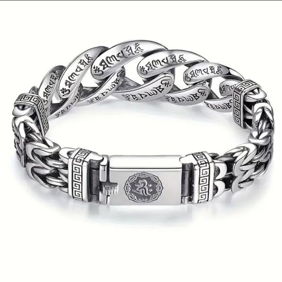 Stainless Steel Chain Link Bracelet, Mantra, Curb Hand Woven Engraved By… - Picture 6 of 12